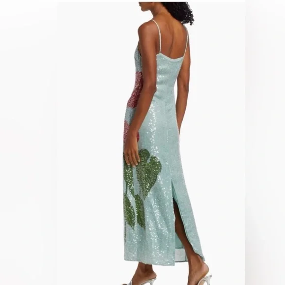 NWT Anthropologie Farm Rio Blue Anthurium Sequin Dress 🌺 SOLD OUT Retail: $360 - Picture 3 of 11